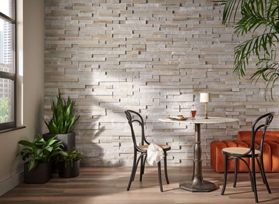 Cultured Stone Ethos Pro Fit Terrain Ledgestone warm gray and tan thin stone on interior wall