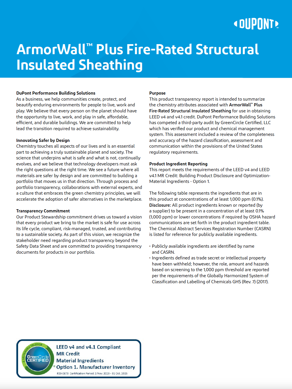 ArmorWall Plus FR SIS GreenCircle Certification