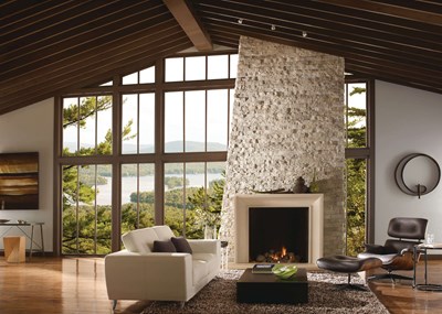 Eldorado Stone Ledgecut Birch warm white to tan thin stone on interior fireplace
