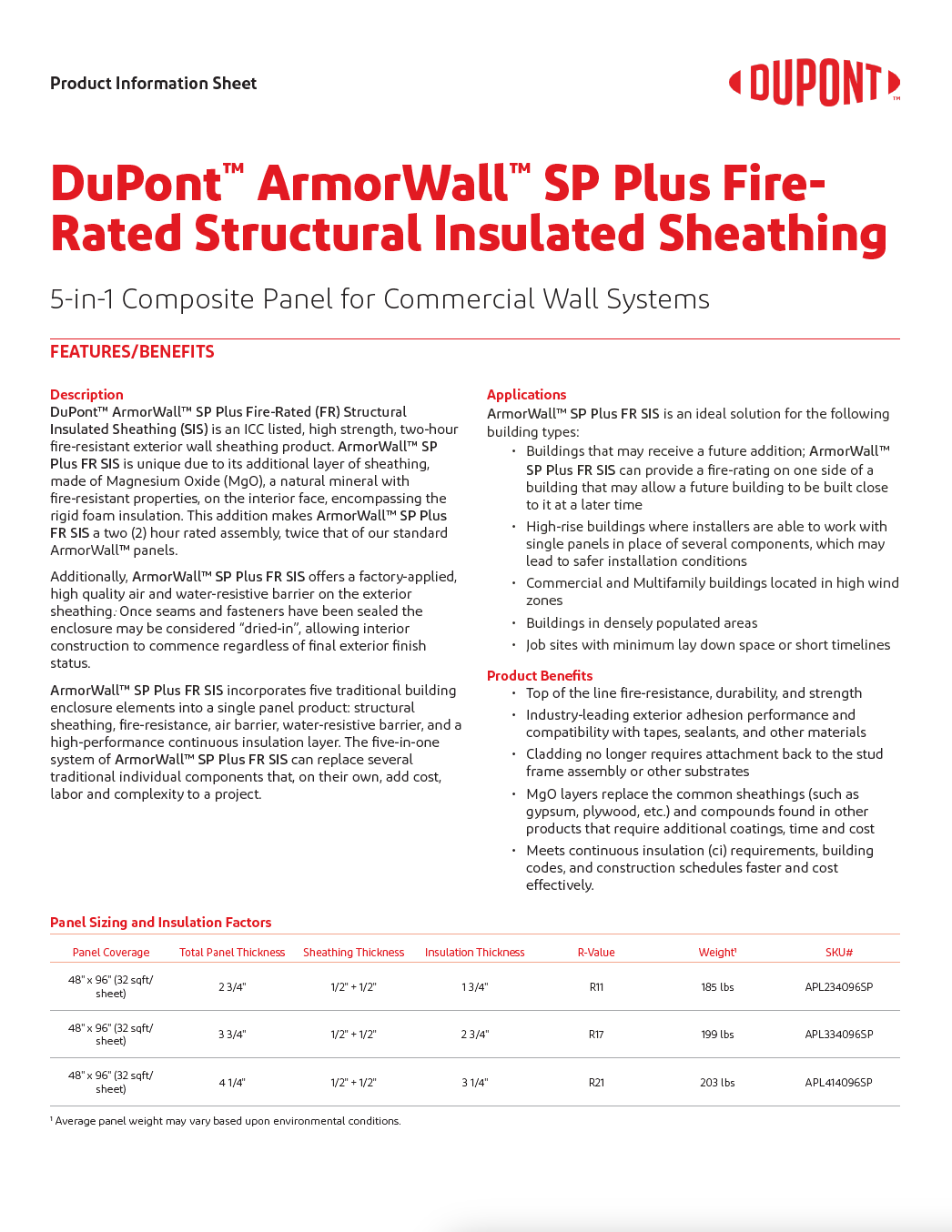 ArmorWall SP Plus Fire-Rated Structural Insulated Sheathing Product Information Sheet