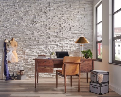 Cultured Stone Pro Fit Alpine Ledgestone Winterhaven warm white thin stone on interior wall with desk in front