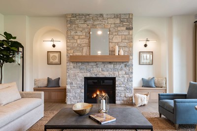Eldorado Stone Limestone Grand Banks creme and gray thin stone on interior fireplace