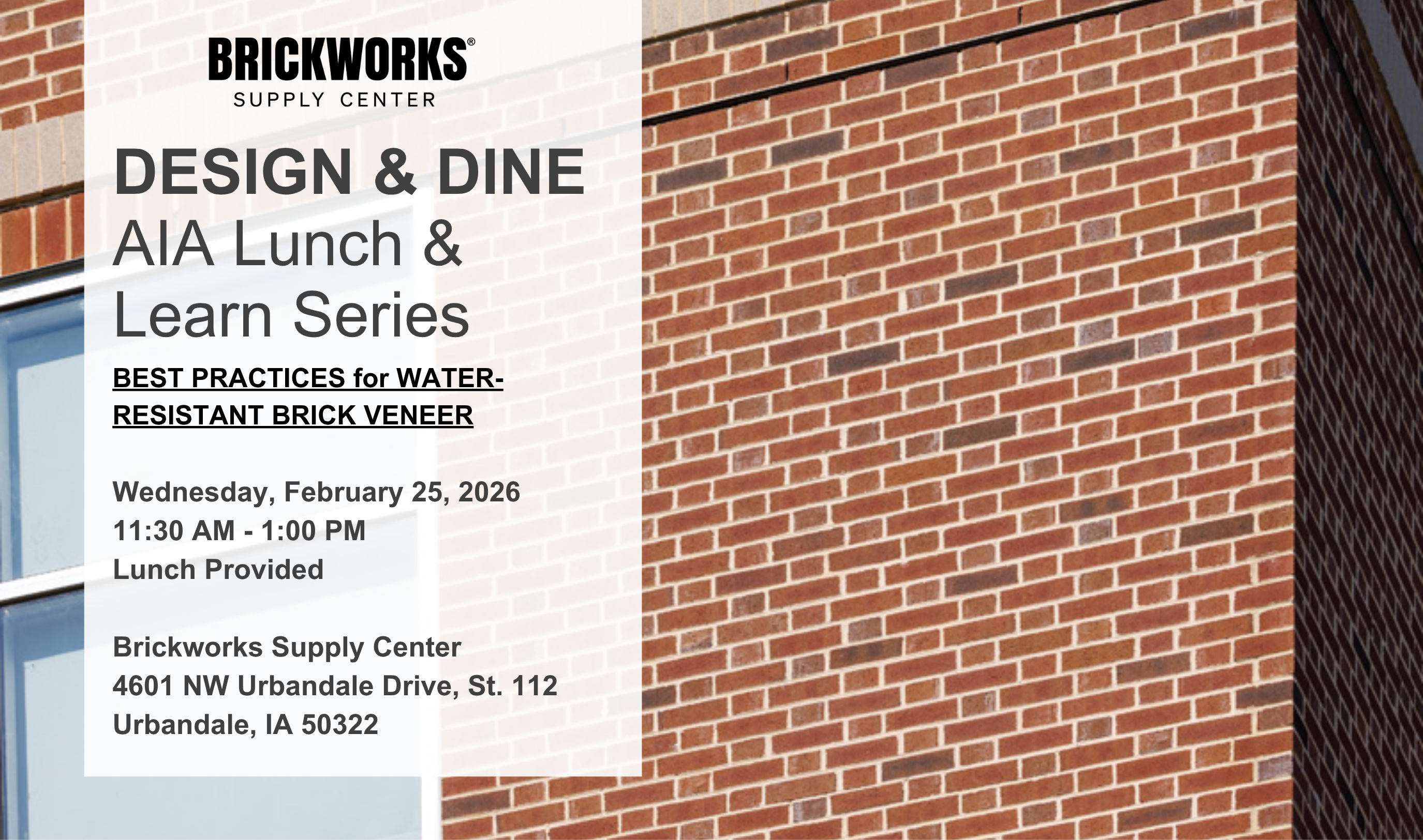 Photo of event details with brick building as a background