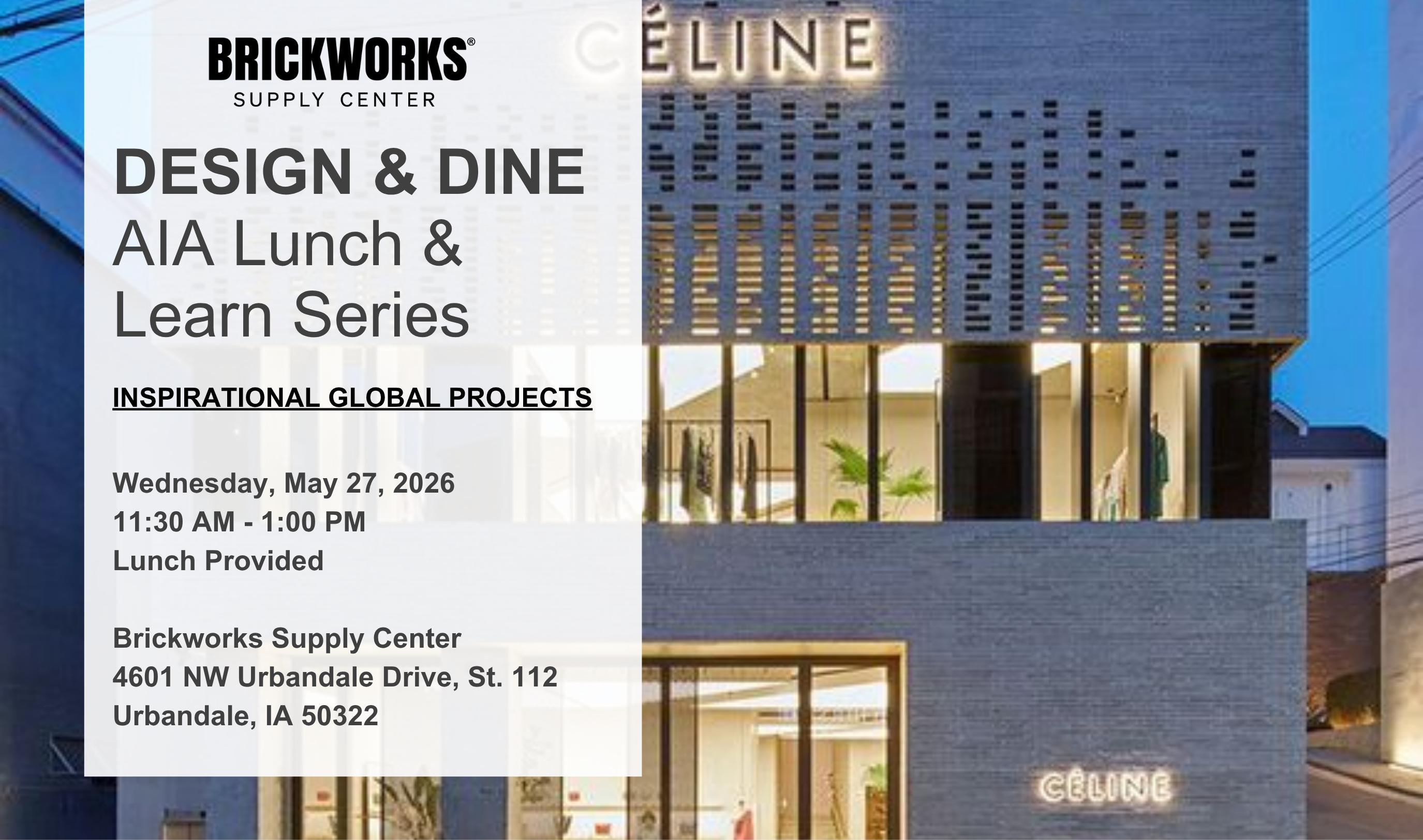 Photo of event details with brick building as a background