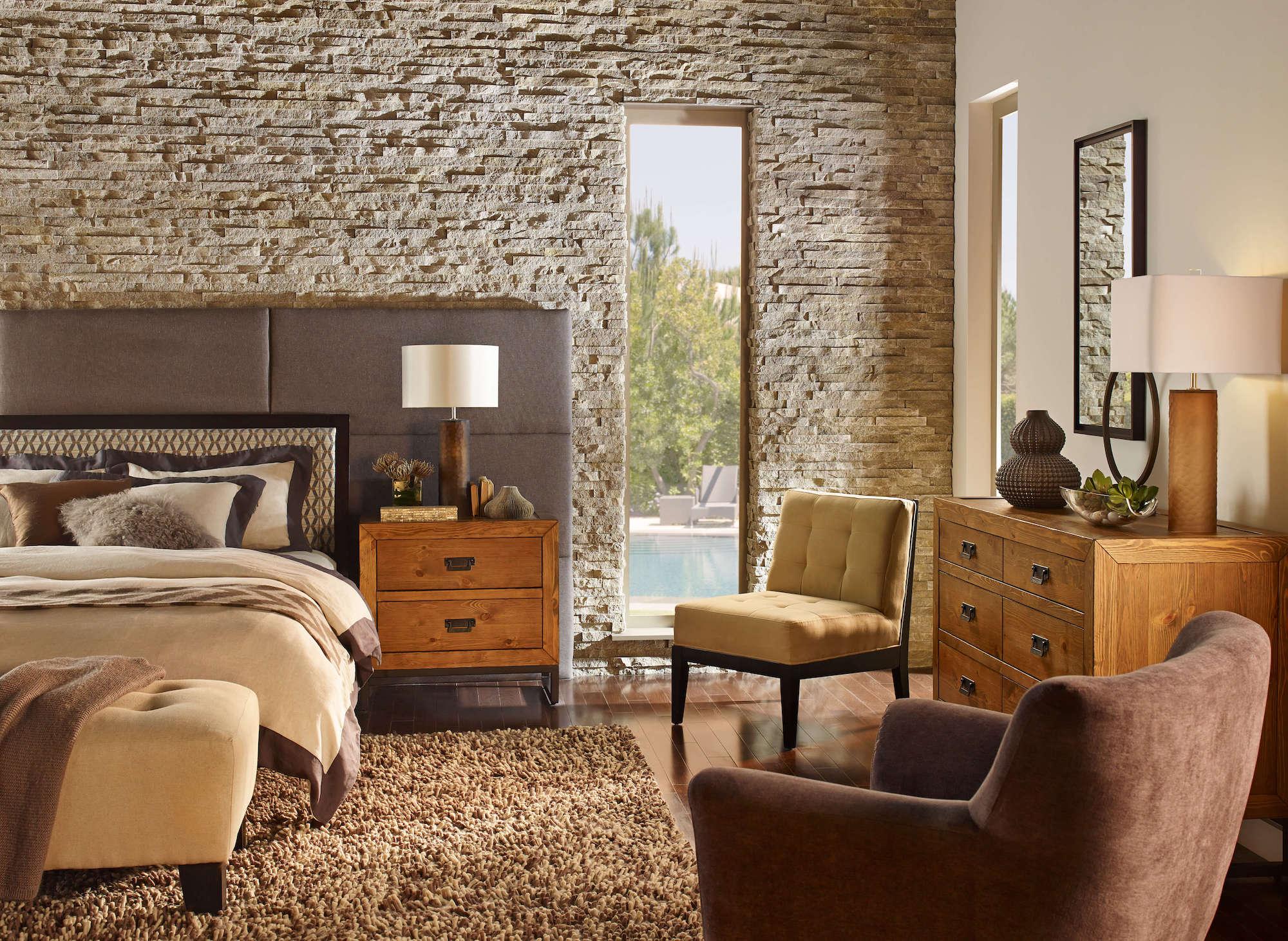 Eldorado Stone European Ledge Cottonwood gray to white thin stone interior wall in bedroom